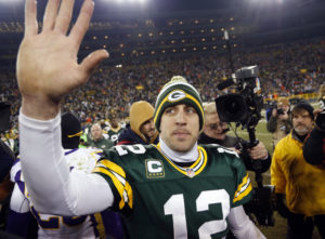 Green Bay Packers quarterback Aaron Rodgers waves to fans after defeating the Minnesota Vikings in their NFL NFC wildcard ...
