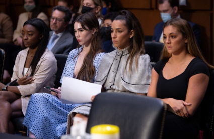 U.S. Olympic gymnasts Simone Biles, McKayla Maroney, Aly Raisman and Maggie Nichols arrive to testify during a Senate Judiciary hearing about the Inspector General's report on the FBI handling of the Larry Nassar investigation of sexual abuse of Olympic gymnasts, on Capitol Hill, in Washington, D.C., U.S., September 15, 2021. Photo by Saul Loeb/Pool via REUTERS