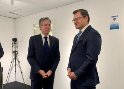 Ukraine's Foreign Minister Dmytro Kuleba attends a meeting with U.S. Secretary of State Antony Blinken on the sidelines of the OSCE Ministerial Council in Stockholm, Sweden, December 2, 2021. Photo provided by Ukrainian Foreign Ministry/Handout via REUTERS