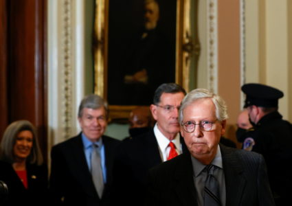 U.S. Senate Minority Leader McConnell speaks to reporters at the U.S. Capitol in Washington