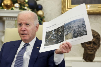 U.S. President Joe Biden receives a briefing in the Oval Office, in Washington