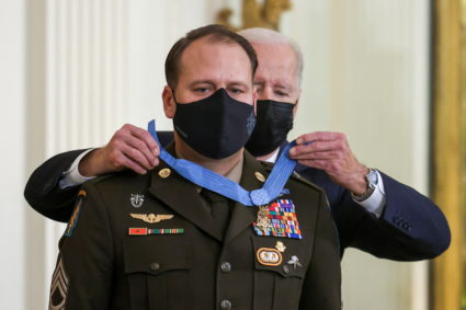 U.S. President Joe Biden awards the Medal of Honor to Master Sergeant Earl D. Plumlee, United States Army, for conspicuous gallantry, in Washington, U.S., December 16, 2021. Photo by Evelyn Hockstein/REUTERS