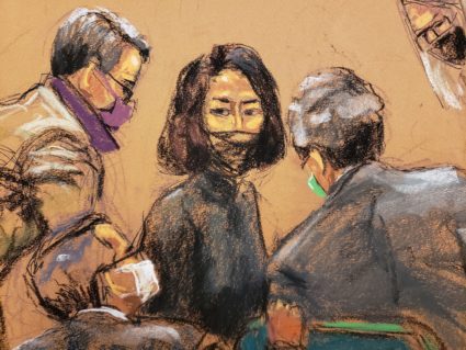 Ghislaine Maxwell speaks with her attorneys during the trial of Maxwell, the Jeffrey Epstein associate accused of sex trafficking, in a courtroom sketch in New York City, U.S., December 17, 2021. Photo by Jane Rosenberg/REUTERS