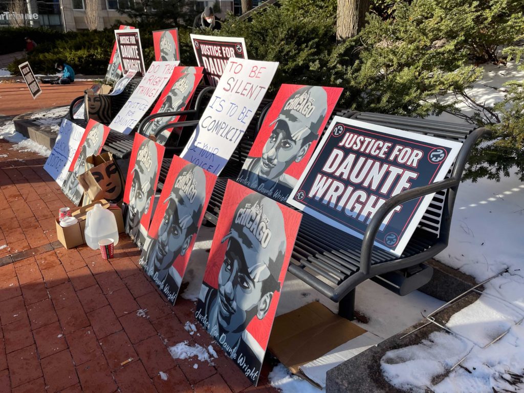 Posters outside the trial of Kim Potter