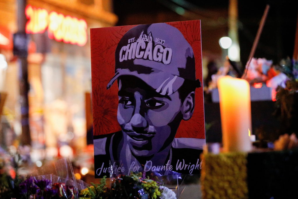 A poster of Daunte Wright is seen after the guilty verdict in the Derek Chauvin trial was announced at George Floyd Square...