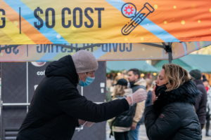 A person has a nasal swab applied for the coronavirus disease (COVID-19) test taken at a mobile testing site in New York City