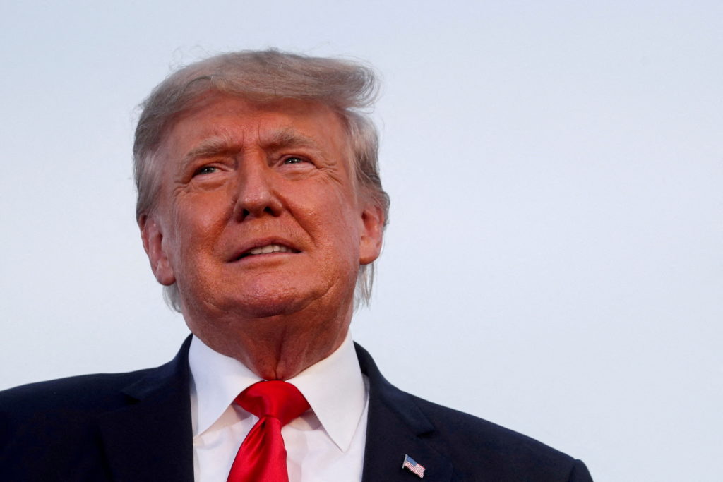 Former U.S. President Donald Trump looks on during his first post-presidency campaign rally at the Lorain County Fairgroun...