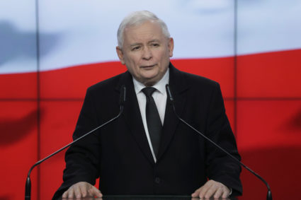 Poland's Prime Minister Mateusz Morawiecki and Law and Justice (PiS) leader Jaroslaw Kaczynski attend the announcement of ...