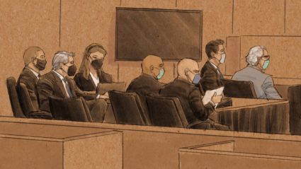 Former police officers Thomas Lane, Alex Kueng and Tou Thao attend a hearing with their lawyers to set the ground rules in their federal prosecution fon charges of aiding and abetting both second-degree murder and manslaughter of George Floyd, in St. Paul, Minneapolis, U.S. January 11, 2022. Cedric Hohnstadt Illustration via REUTERS