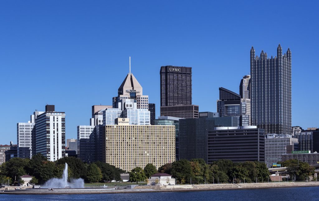 City skyline at the Three Rivers intersection in Pittsburgh.
