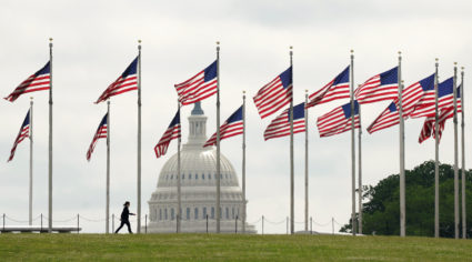 A woman walks among flags at the Washington Monument during the coronavirus disease (COVID-19) pandemic in Washington