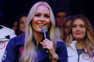 Skier Lindsey Vonn speaks during an event in Times Square to celebrate 100 days from the start of the PyeongChang 2018 Oly...