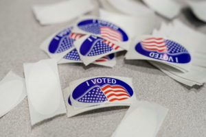 "I Voted" stickers displayed on the last day of early voting in the Virginia gubernatorial election in Fairfax, Virginia, U.S., October 30, 2021. Photo by Joshua Roberts/REUTERS