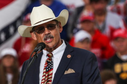 Arizona state representative Mark Finchem (R-AZ) speaks at a rally in Iowa State Fairgrounds, in Des Moines, Iowa, U.S., October 9, 2021. Photo by Rachel Mummey/REUTERS
