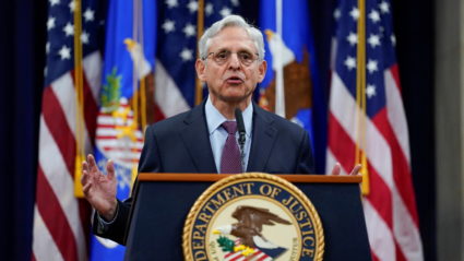 U.S. Attorney General Merrick Garland speaks at the Department of Justice in Washington