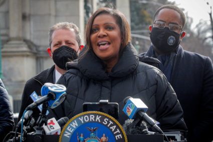 FILE PHOTO: New York State Attorney General Letitia James speaks in Brooklyn, New York
