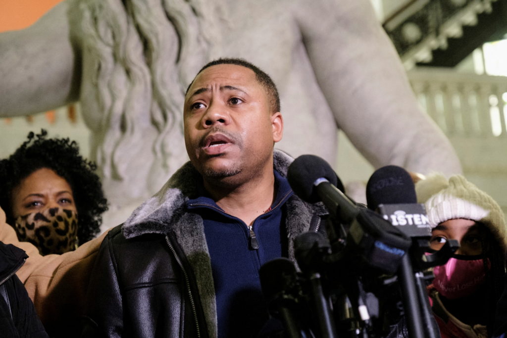 Andre Locke, father of Amir Locke, addresses the media at a news conference regarding the death of Locke, who was shot and...