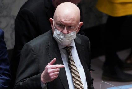 Russia's Ambassador to the United Nations Vassily Nebenzia gestures as the United Nations Security Council assembles to vote for a rare emergency special session of the 193-member U.N. General Assembly on Russia's invasion of Ukraine, at the United Nations Headquarters in Manhattan, New York City, U.S. February 27, 2022. Photo by David 'Dee' Delgado/REUTERS