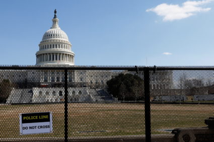 A security fence surrounds the U.S. Capitol ahead of President Joe Biden's the State of the Union address on Capitol Hill in Washington, U.S. February 28, 2022. Photo by Jonathan Ernst/REUTERS