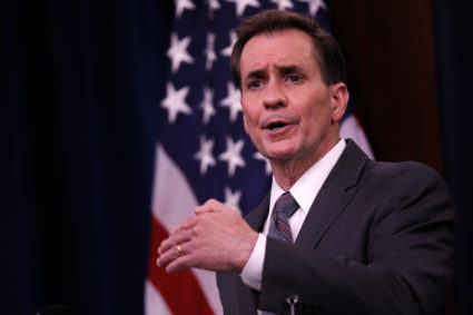 Pentagon Press Secretary John Kirby speaks during a briefing at the Pentagon
