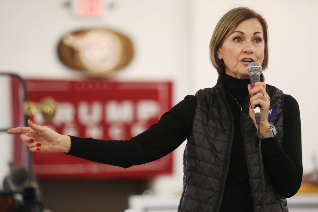 Iowa Gov. Kim Reynolds speaks at a campaign event for Senate candidate Sen. Joni Ernst (R-IA) at Dahl Auto Museum as part of Ernst's RV tour of Iowa on October 31, 2020 in Davenport, Iowa. Photo by Mario Tama/Getty Images