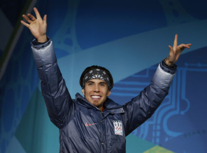 Silver medallist Ohno of the U.S. celebrates during the medal ceremony for the men's 1500 metres short track speed skating...