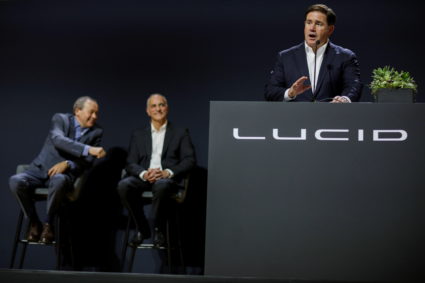 Arizona Governor Doug Ducey speaks at the Lucid Motors plant in Casa Grande