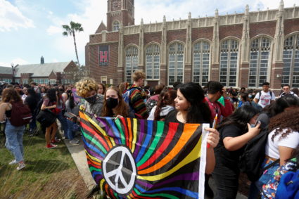 Hillsborough High School students protest a Republican-backed bill dubbed the "Don't Say Gay" that would prohibit classroom discussion of sexual orientation and gender identity, a measure Democrats denounced as being anti-LGBTQ, in Tampa, Florida, U.S., March 3, 2022. Photo by Octavio Jones/REUTERS