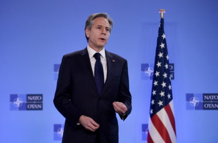 U.S. State Secretary Antony Blinken speaks to the press along side the NATO Secretary General, prior to the start of a NATO foreign ministers' meeting following Russia's invasion of Ukraine, at the Alliance's headquarters in Brussels, Belgium, March 4, 2022. Photo by Olivier Douliery/Pool via REUTERS