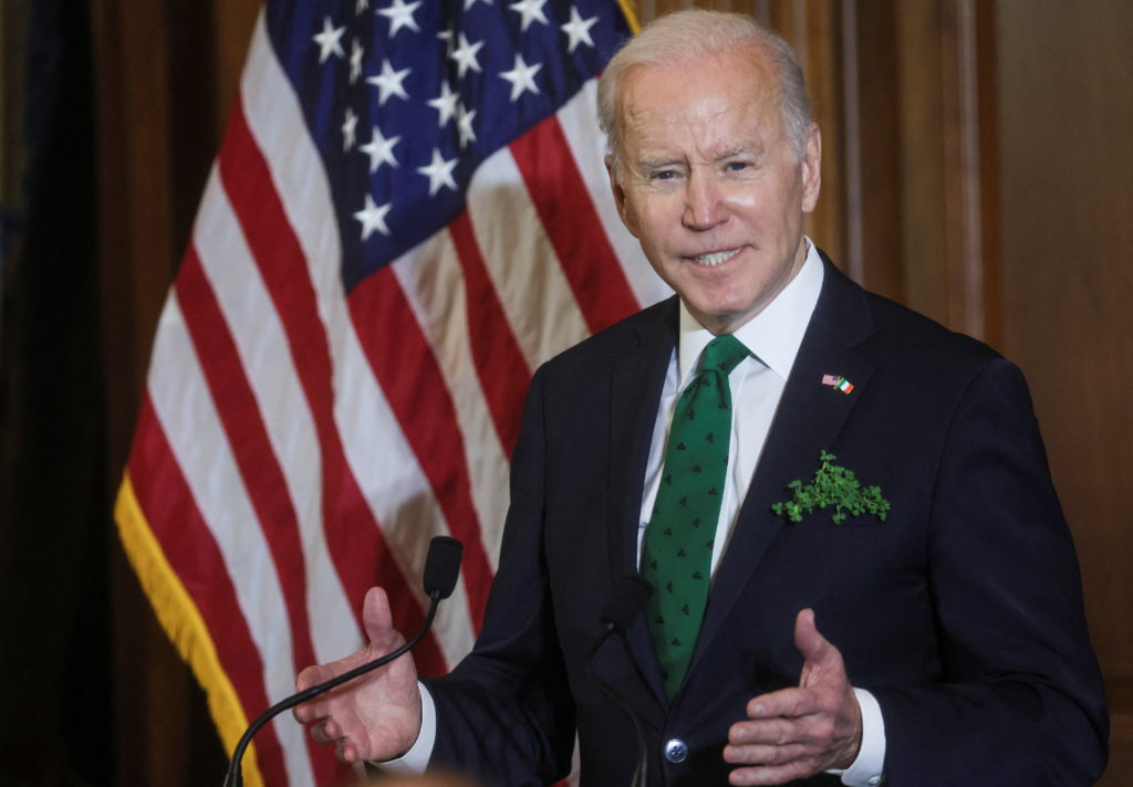 U.S. President Joe Biden delivers remarks at the annual Friends of Ireland St. Patrick's Day lunch at the U.S. Capitol in Washington, U.S., March 17, 2022. Photo by Leah Millis/REUTERS