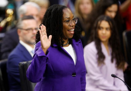 Judge Ketanji Brown Jackson is sworn in to testify at her U.S. Senate Judiciary Committee confirmation hearing on her nomination to the U.S. Supreme Court, on Capitol Hill in Washington, U.S., March 21, 2022. Photo by Jonathan Ernst/REUTERS