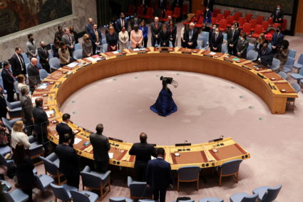 General view of a moment of silence for former U.S. Secretary of State Madeleine Albright during the United Nations Security Council meeting, amid Russia's invasion of Ukraine, at the United Nations Headquarters in New York City, New York, U.S., March 23, 2022. Photo by Mike Segar/REUTERS