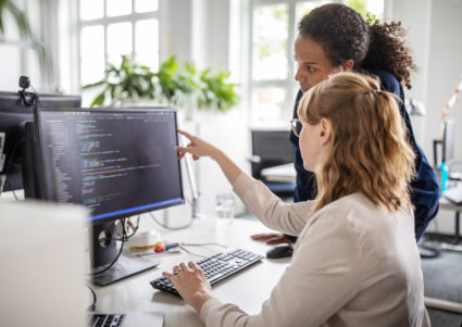 Coworkers discussing computer program in office