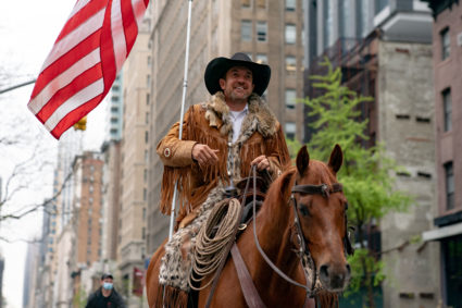 Otero County Commission Chairman and "Cowboys for Trump" co-founder Couy Griffin rides his horse on 5th Avenue in New York City on May 1, 2020. Photo by Jeenah Moon/Getty Images