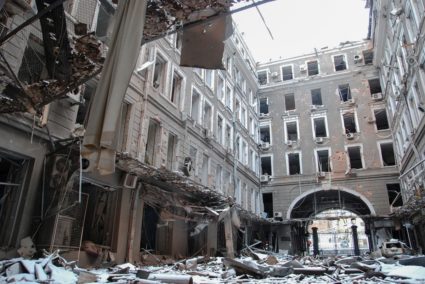 A view shows damaged buildings in Kharkiv