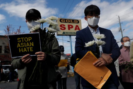 Vigil at a makeshift memorial outside the Gold Spa in Atlanta