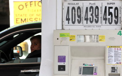 FILE PHOTO: Gasoline prices are displayed on pump at station in New York City