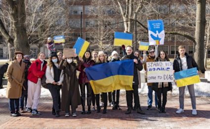 University of Michigan students gather on the Diag for the Stand with Ukraine march and rally on Feb 24, 2022, Ann Arbor, Michigan. Photograph by Irina Bondarenko