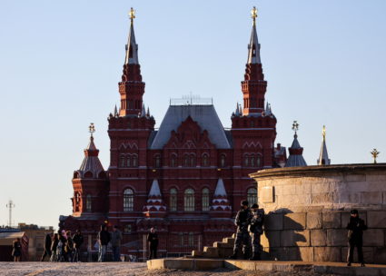 Members of Russia's National Guard patrol the Red Square in Moscow