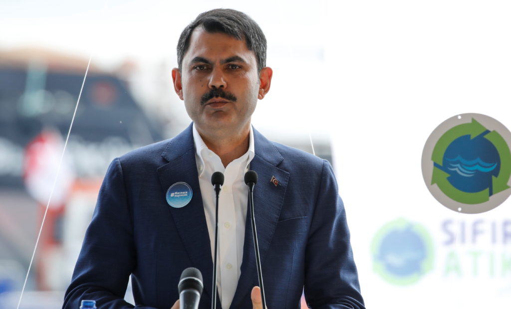 Environment and Urbanisation Minister Murat Kurum speaks during a gathering to give a start to the cleaning of the sea cov...