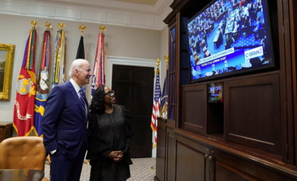 U.S. President Joe Biden and Judge Ketanji Brown Jackson watch as Senate votes to confirm Jackson's nomination to the U.S....