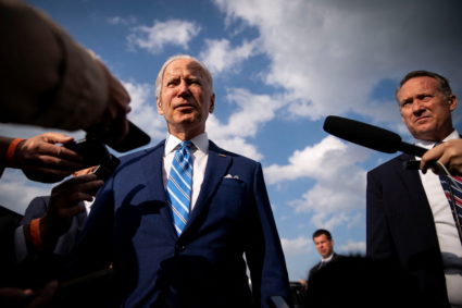 U.S. President Joe Biden speaks to reporters before boarding Air Force One at Des Moines International Airport in Des Moines, Iowa, U.S., April 12, 2022. Photo by Al Drago/REUTERS