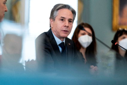 U.S. Secretary of State Antony Blinken speaks during a meeting with Egyptian Minister of Foreign Affairs Sameh Shoukry (not pictured), at the State Department in Washington, U.S., April 13, 2022. Photo by Andrew Harnik/Pool via REUTERS