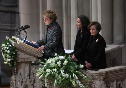 People pay respects to former U.S. Secretary of State Madeleine Albright during her funeral service at Washington National...