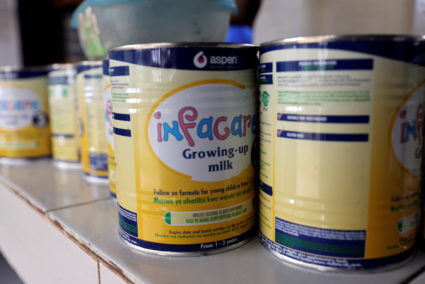 Cans of baby formula used to make milk for orphaned elephants, are seen at the kitchen of the Reteti elephant sanctuary, i...