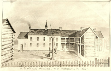 A sketch that shows what log buildings on the St. Stanislaus Seminary property would have looked like in 1847.