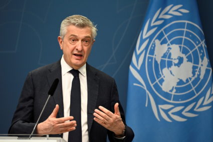 The United Nations High Commissioner for Refugees Filippo Grandi speaks during a news conference in Stockholm