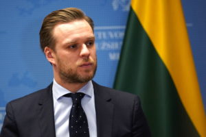 Lithuanian Foreign Minister Landsbergis listens during a news conference in Vilnius