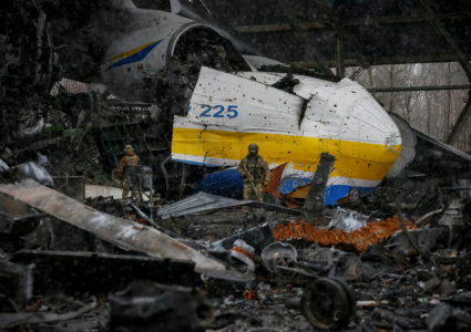 Antonov An-225 Mriya cargo plane, the world's biggest aircraft, destroyed by Russian troops is seen at an airfield in the ...