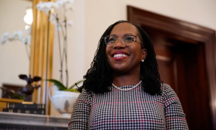 U.S. Supreme Court nominee Judge Ketanji Brown Jackson reacts as she meets with U.S. Senator Bill Hagerty (R-TN) on Capitol Hill in Washington, U.S., March 29, 2022. Photo by Elizabeth Frantz/REUTERS